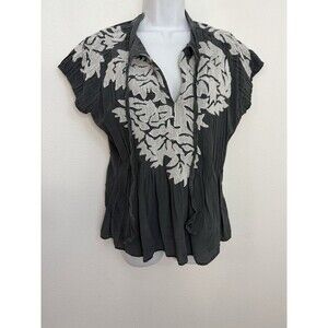 Anthropologie Project Alabama Pintuck Silk Blouse Tie Lace Applique Sz 14 Gray